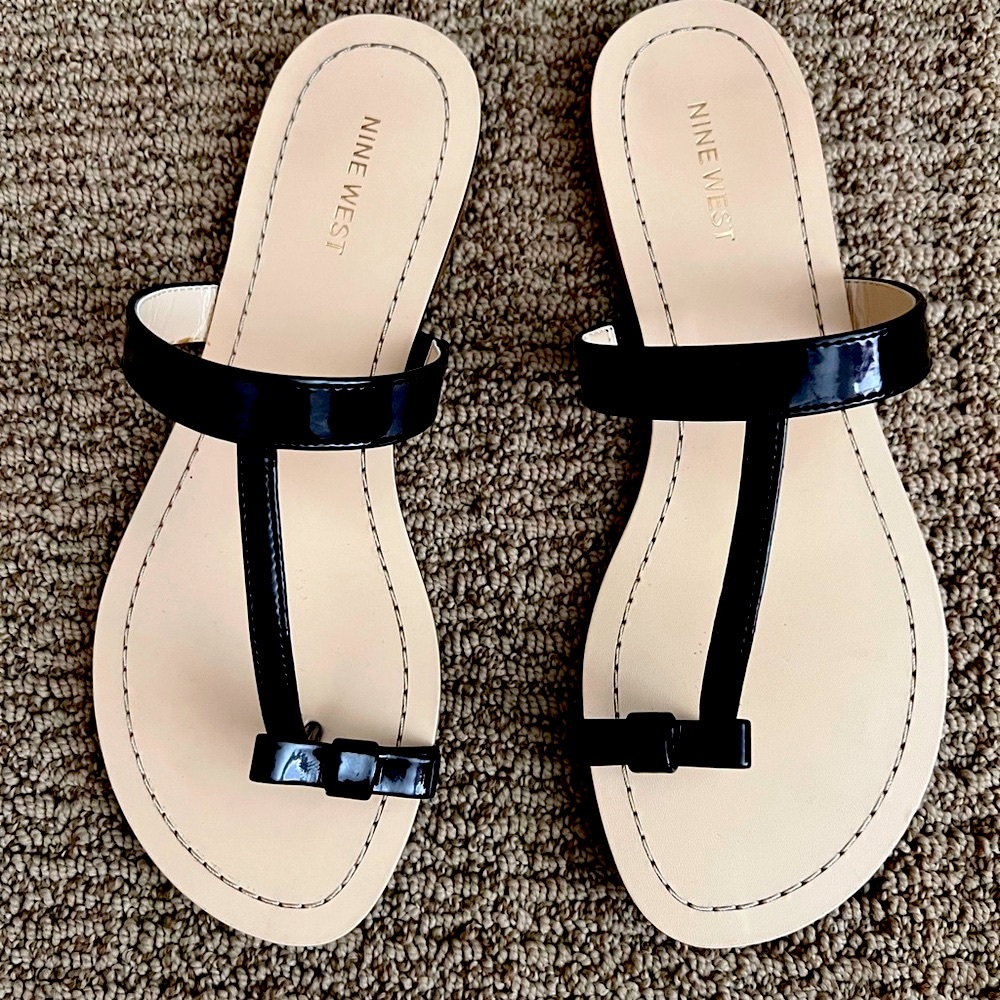 Nine West Black Slide Sandals with ribbon and Wide Strap